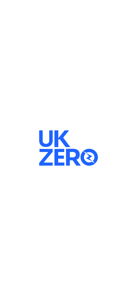 UK Zero: Climate & Energy App - UK Zero app logo featuring blue text and a lightning bolt symbol on a white background