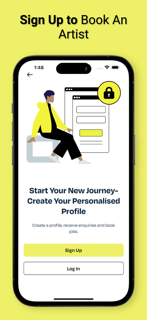 Book An Artist - Sign up and login screen for the Book An Artist app featuring a prompt to create a personalized artist profile.