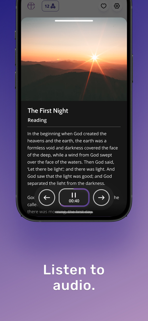 Screenshot of the Everyday Faith app showing a Bible reading for The First Night with audio playback controls and a sunrise image.