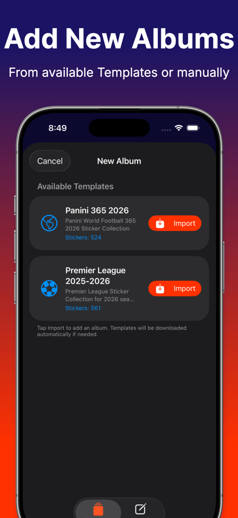 Sticker Collector 26 - Añadiendo nuevos álbumes desde plantillas en la aplicación Sticker Collector 26