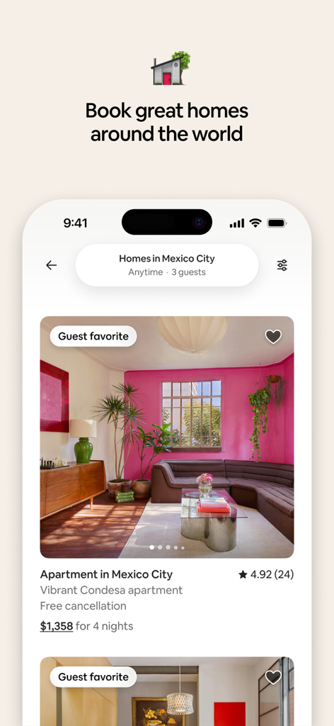 Airbnb mobile app showing a vibrant apartment listing in Mexico City with a pink wall and guest favorite badge