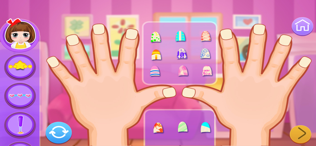 Nail design selection screen in Bella's hand care salon game with colorful patterns and stickers.