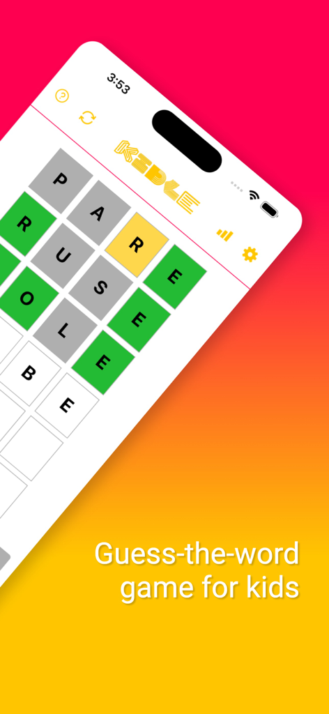 Kidle - Interfaccia dell'app Kidle che mostra un gioco di indovinelli di parole di 3 lettere per bambini con tessere colorate.