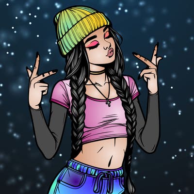 realistic teenage girl with braids and a beanie and crop top doing 🫶🏼