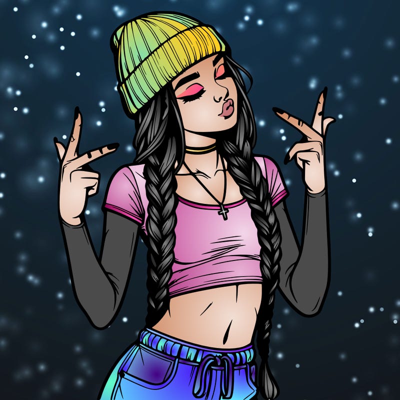 realistic teenage girl with braids and a beanie and crop top doing 🫶🏼