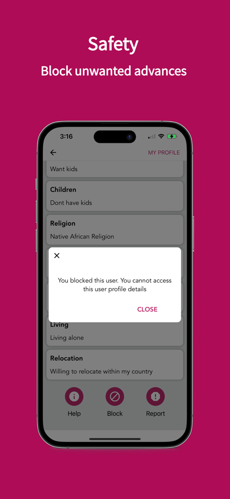 Africa Love Match app interface showing the safety feature with a confirmation message for blocking a user