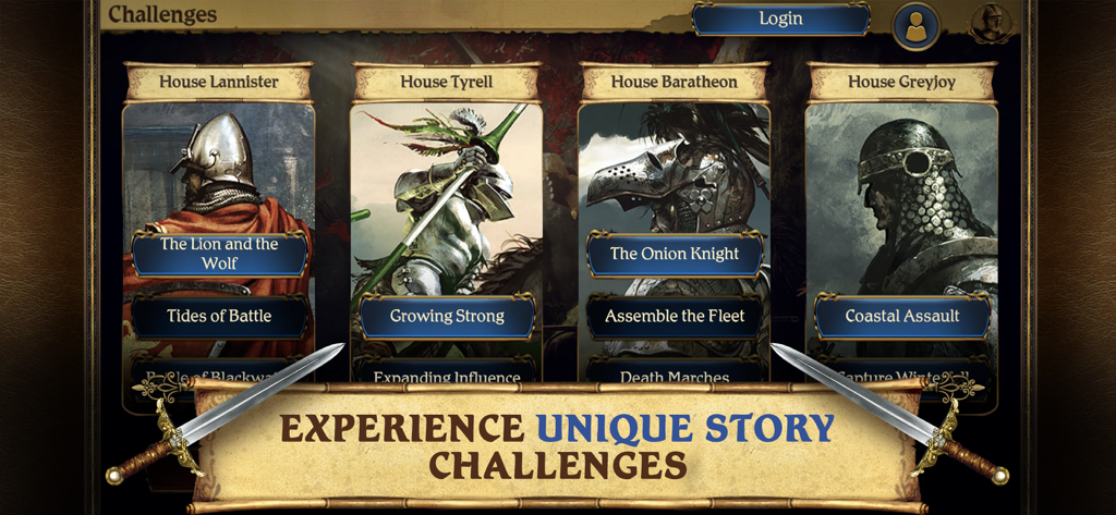 다양한 대가문들을 위한 고유한 스토리 미션을 보여주는 왕좌의 게임 보드 게임의 챌린지 메뉴
