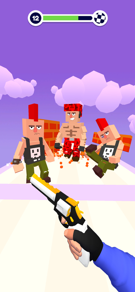First person shooter view of Block Craft Shooter 3D with a pixel revolver and blocky enemies