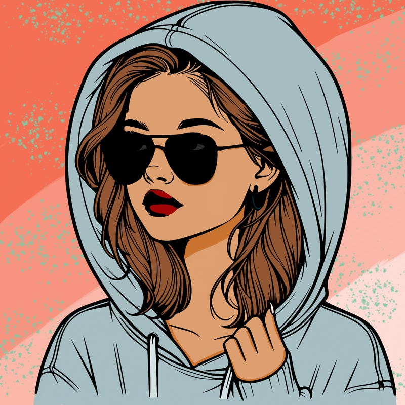 realistic teenage girl, wearing a hoodie and sunglasses