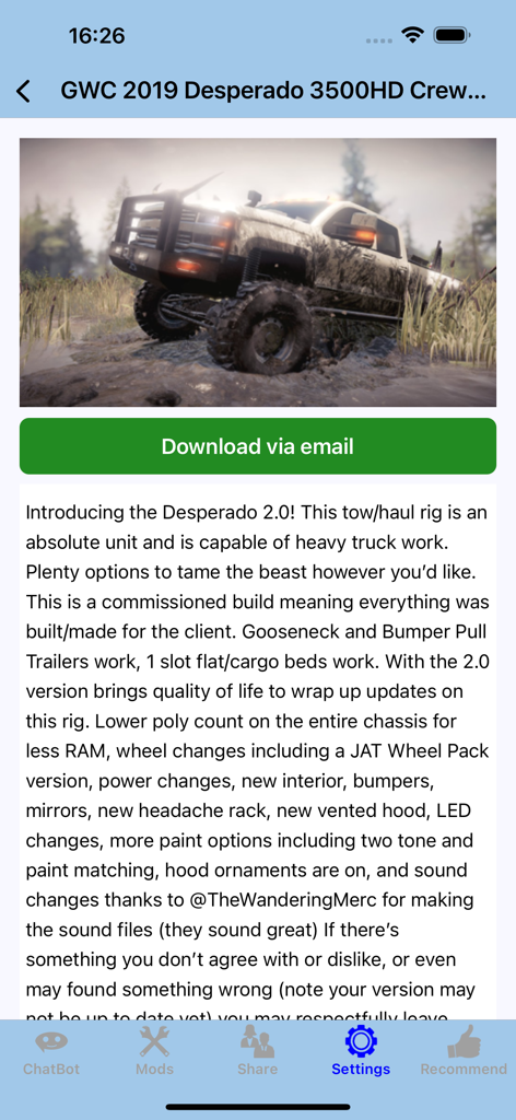 SnowR - DLC Cheat Mods Map(SR) - Página de detalles de un mod de camión de SnowRunner que muestra la camioneta Desperado 3500HD en el barro.