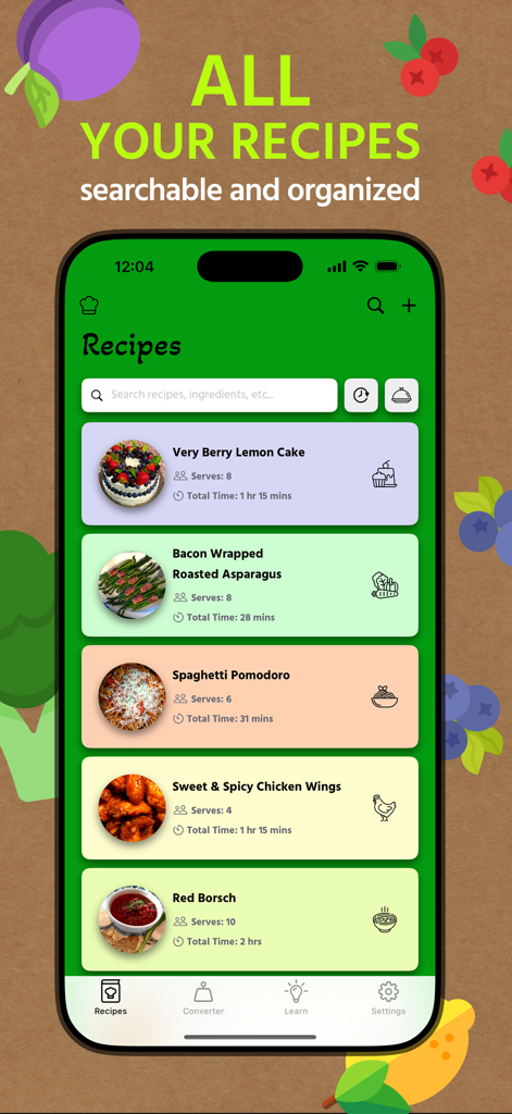 La pantalla de Recetas de la aplicación Recipe Resizer que muestra una lista organizada y buscable de recetas guardadas con fotos y porciones