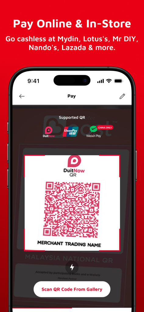 Boost App Malaysia mobile interface showing QR code scanning for cashless transactions at retailers