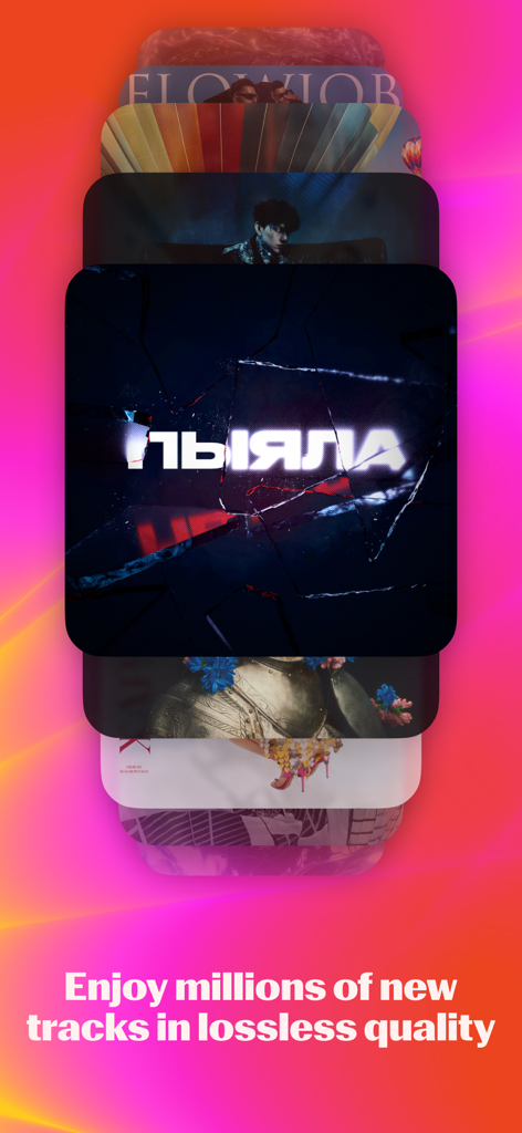 A stack of colorful album covers on the Yandex Music app with text highlighting millions of tracks in lossless audio quality.
