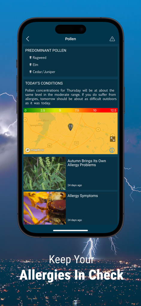 WeatherBug app screen showing local pollen counts and allergy health forecasts on a smartphone.
