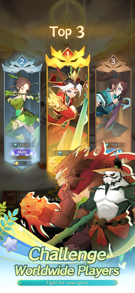 Top 3 global ranking leaderboard in Ultimate Myth Idle RPG featuring stylized mythic heroes