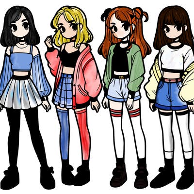 one girl with crop-top shirt and a jacket with a skirt, long socks and another girl with a shirt and pants with a jacket