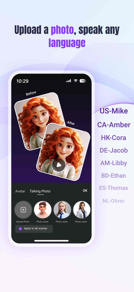 A mobile interface of Vidnoz AI Video Generator showing the process of turning a still photo into a talking avatar with multiple language and voice options.