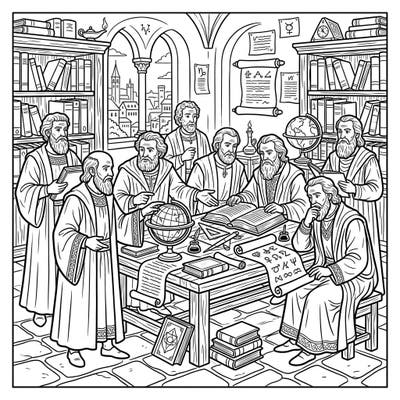 Step into the intellectual heart of the Renaissance with this captivating coloring page featuring renowned philosophers. This intricate illustration invites you to explore a world of wisdom, books, and profound ideas.