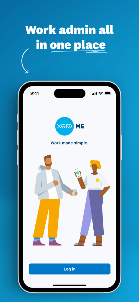 Xero Me mobile app login screen featuring the message Work admin all in one place