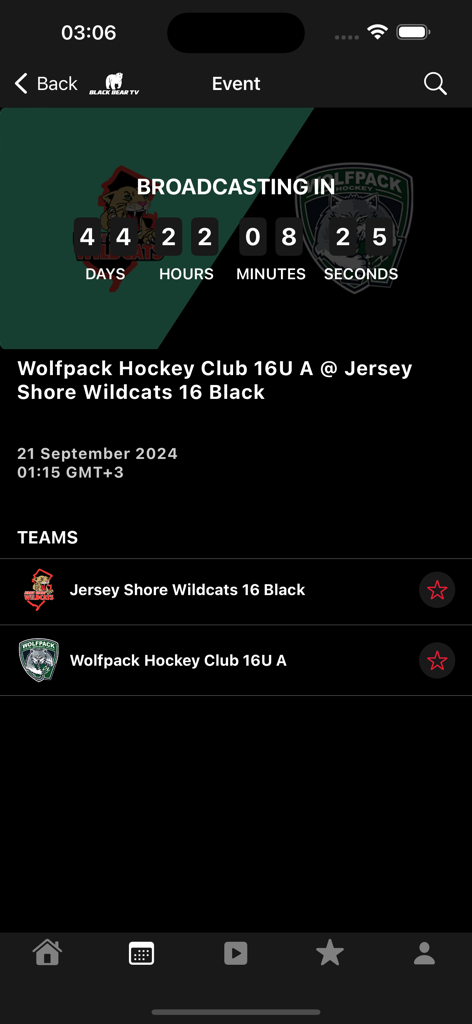 Schermata dell'app mobile BlackBear TV che mostra un conto alla rovescia per una partita di hockey giovanile imminente tra due squadre