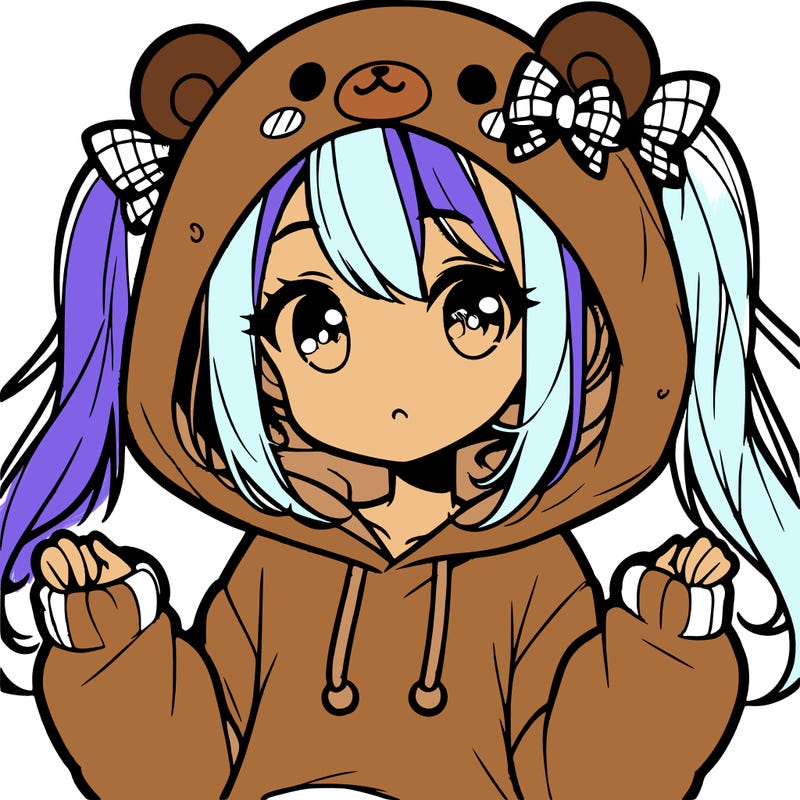 cute anime girl with ponytails and a cute bear hoodie