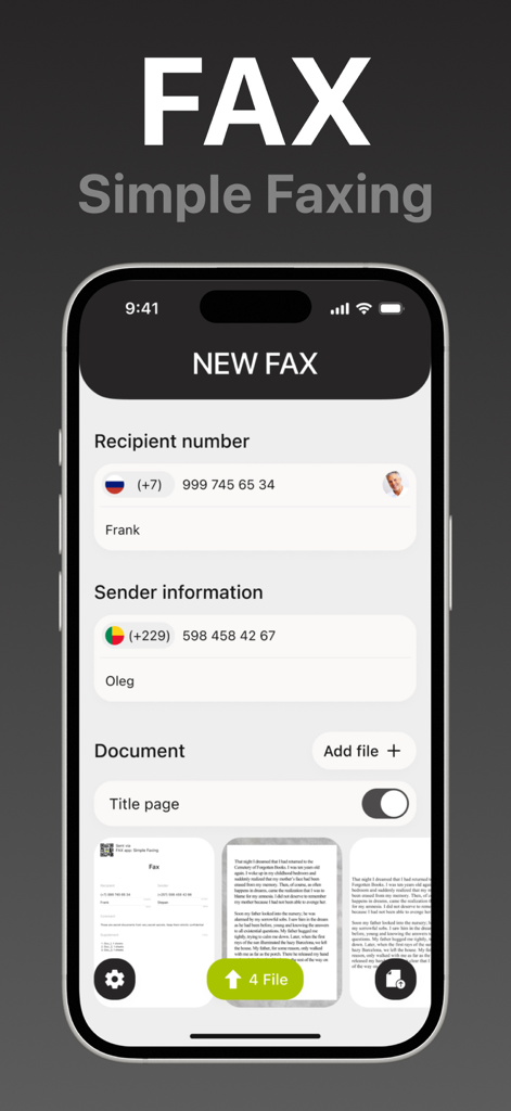 iPhone screenshot showing the new fax creation screen with recipient and document fields