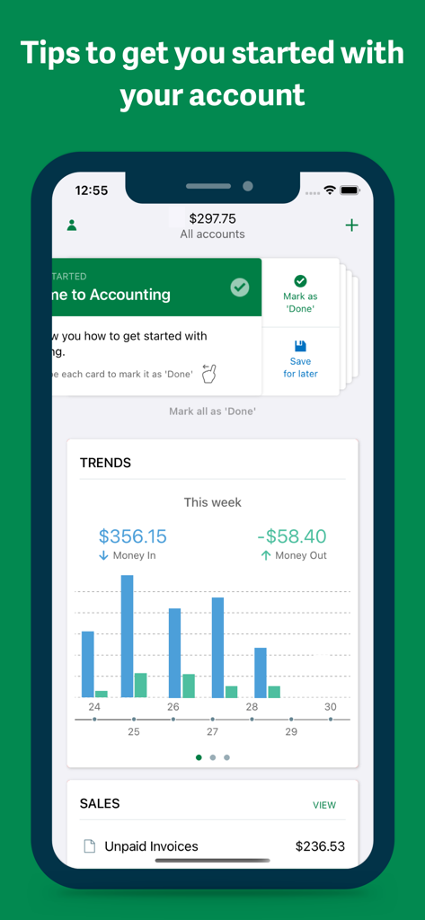 未払い請求書の概要とともに、週ごとの入出金トレンドチャートを表示するSage Accountingアプリのダッシュボード