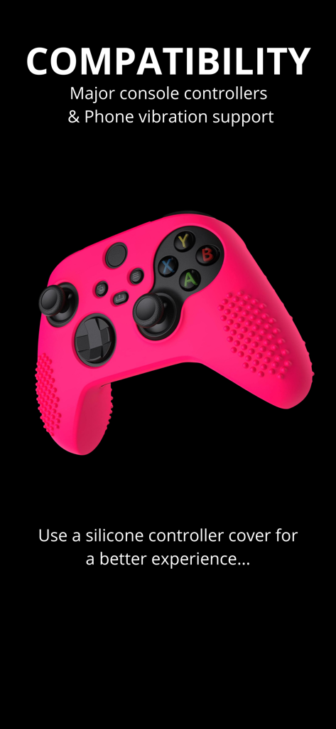 A pink gaming controller with a textured silicone cover highlighting app compatibility for vibration massage