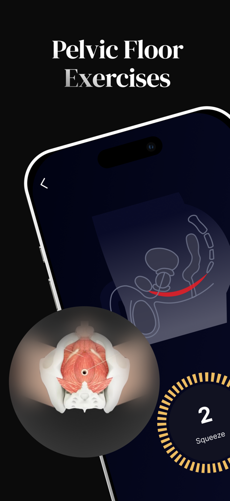 Alpha app interface showing male pelvic floor exercise diagram and squeeze timer