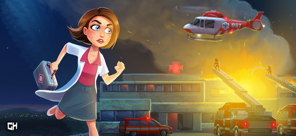 Heart's Medicine Hospital Heat - La Doctora Allison corriendo hacia un hospital en llamas con camiones de bomberos y un helicóptero de emergencia