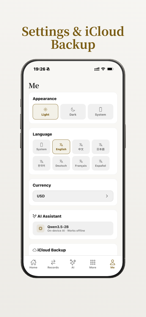 Cenno - Cenno app settings screen showing appearance, language, currency, and on-device AI assistant options.