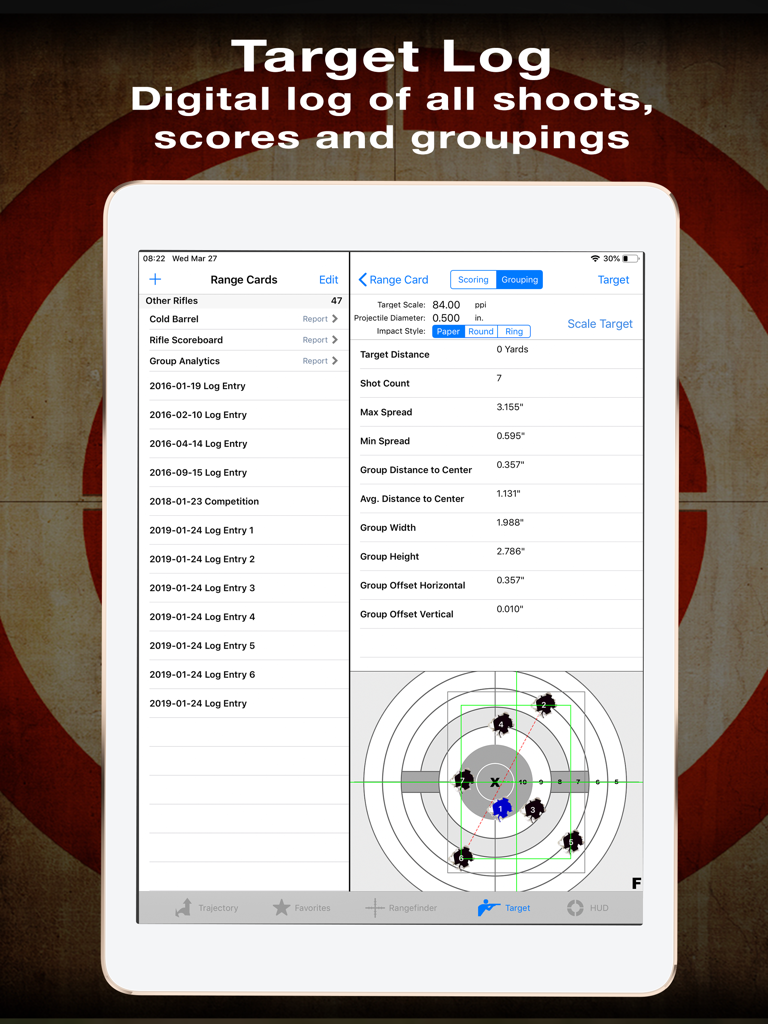 Target log feature in Ballistic iPad Edition showing detailed shooting statistics and group analysis