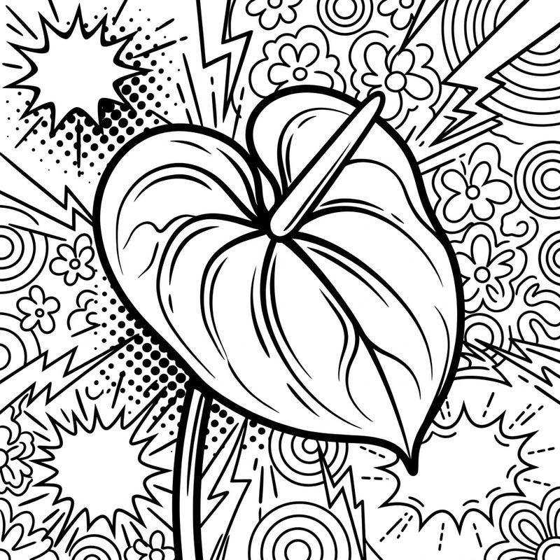 Experience the fusion of nature and modern art with this captivating Pop Art Anthurium Leaf coloring page. Bold lines and striking comic-style elements await your creative touch.