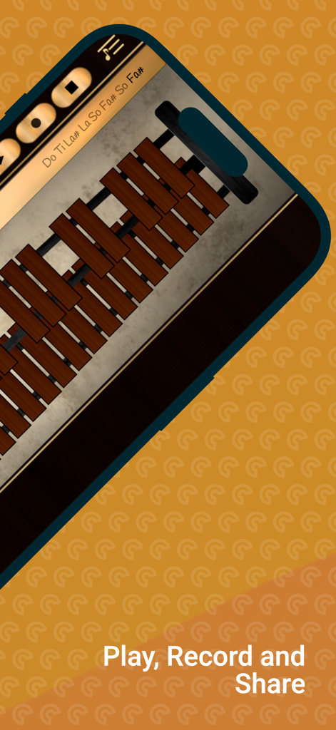 Una pantalla de teléfono inteligente que muestra la interfaz de la aplicación Xylophone Sim con barras de madera realistas y el lema Toca, Graba y Comparte.