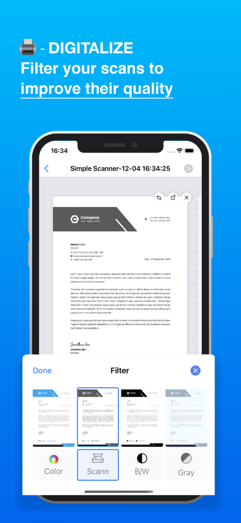Simple Scanner: Fast Converter - Smartphone screen showing document scan quality filters in Simple Scanner app
