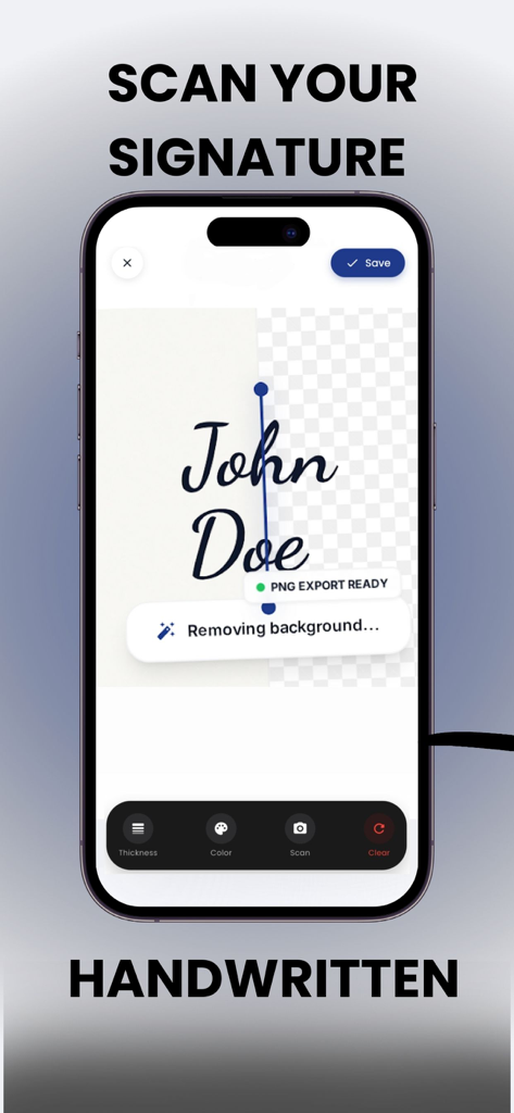 InkSign: Signature Maker - An iPhone screen showing the InkSign app scanning a handwritten signature of John Doe with the background being removed for a clean PNG export.