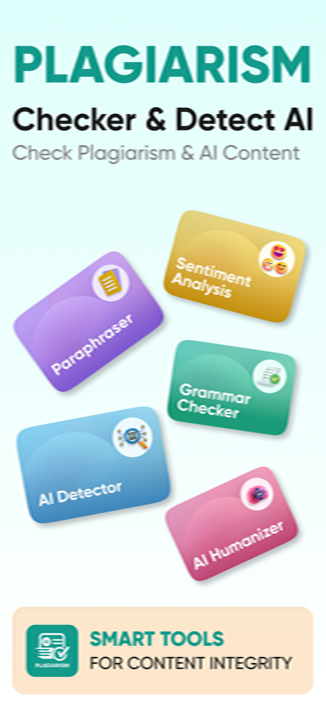 Plagiarism Checker | Detect AI - Plagiarism Checker and Detect AI app interface showcasing smart tools for content integrity including AI humanizer and grammar checker