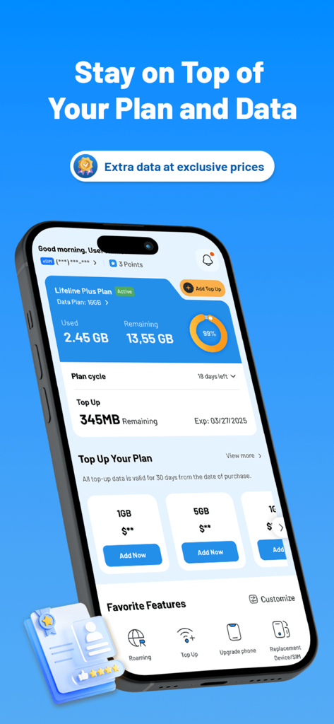 AirTalk Wireless - Tableau de bord de l'application AirTalk Wireless montrant le suivi de l'utilisation des données et les options de recharge de forfait.