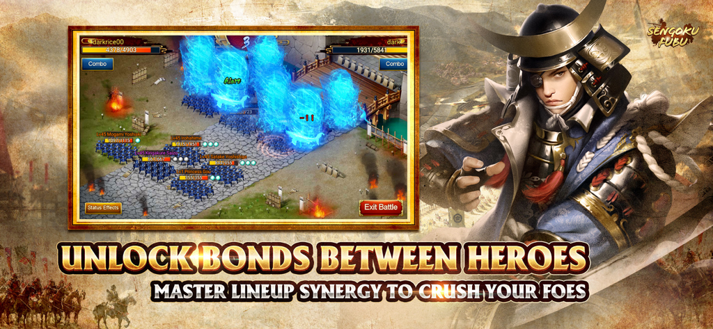 A tactical battle scene in Sengoku Fubu featuring samurai armies and hero synergy effects