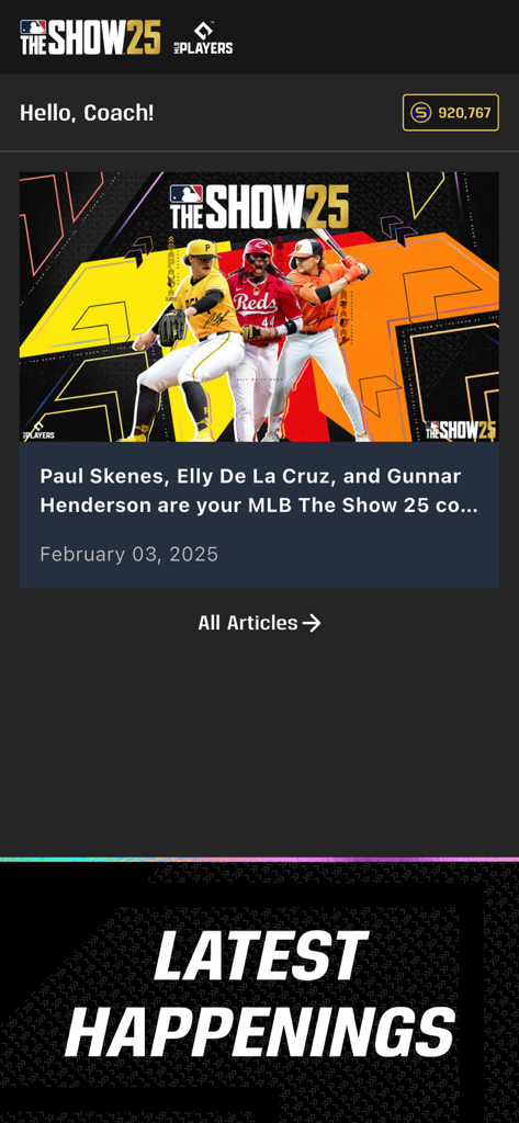 MLB The Show 25 Companion App home screen displaying latest news articles and user stubs balance