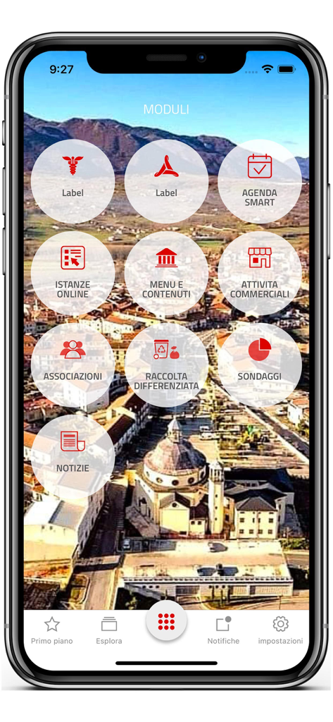 Panel de la aplicación MyLioni que muestra iconos circulares para servicios municipales sobre una vista aérea del pueblo