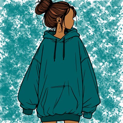 realistic girl with a oversized sweatshirt on and a bun