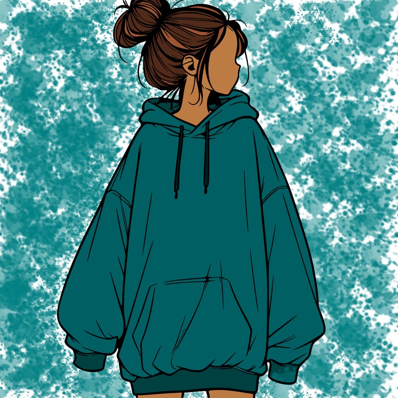 realistic girl with a oversized sweatshirt on and a bun