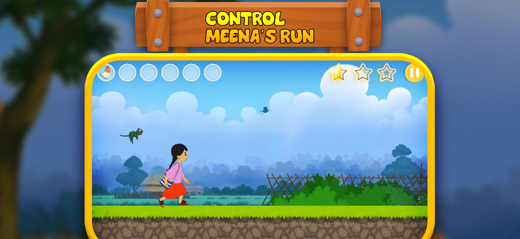 Meena character running through a rural landscape in the Meena Game