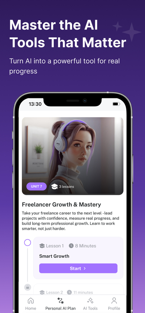 Finestro: AI Tools Mastery - Finestro mobile app screen showing a lesson unit for AI tools mastery focused on freelancer growth.