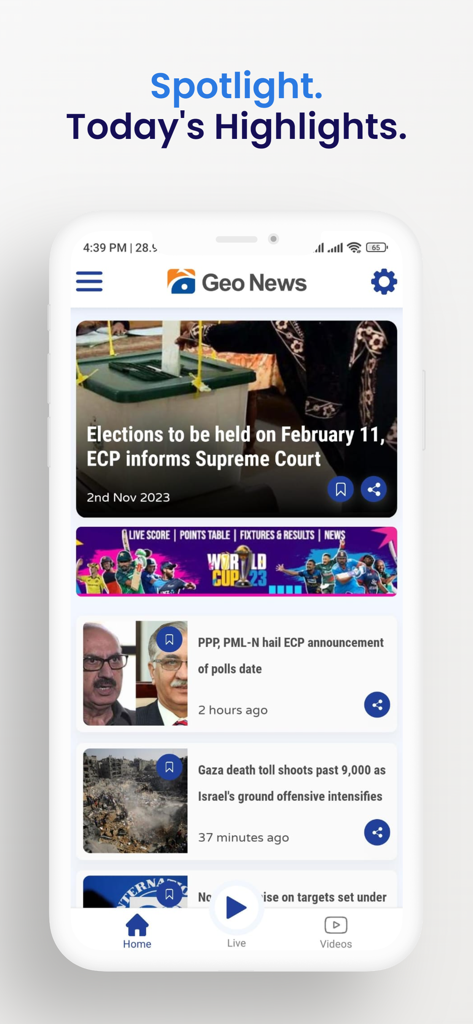 Feed inicial do aplicativo móvel Geo News Official com destaques e manchetes de notícias atuais.