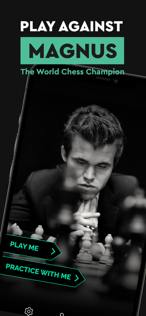 Play Magnus - Play Chess - Play Magnus chess app welcome screen featuring World Champion Magnus Carlsen with options to play and practice