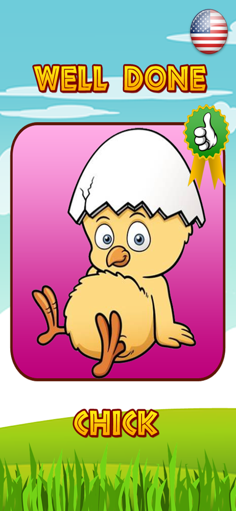 Pantalla de juego educativo que muestra un pollito de dibujos animados con la palabra pollito y un mensaje de felicitación