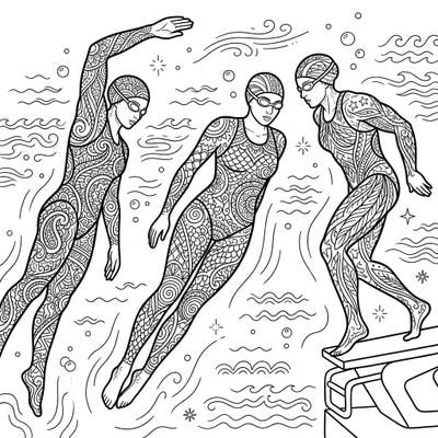 Experience the power and elegance of Olympic swimming combined with the calming beauty of Zentangle art. This unique coloring page offers a truly meditative creative escape for all ages.
