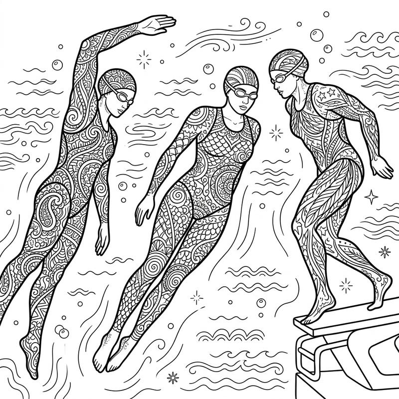Experience the power and elegance of Olympic swimming combined with the calming beauty of Zentangle art. This unique coloring page offers a truly meditative creative escape for all ages.